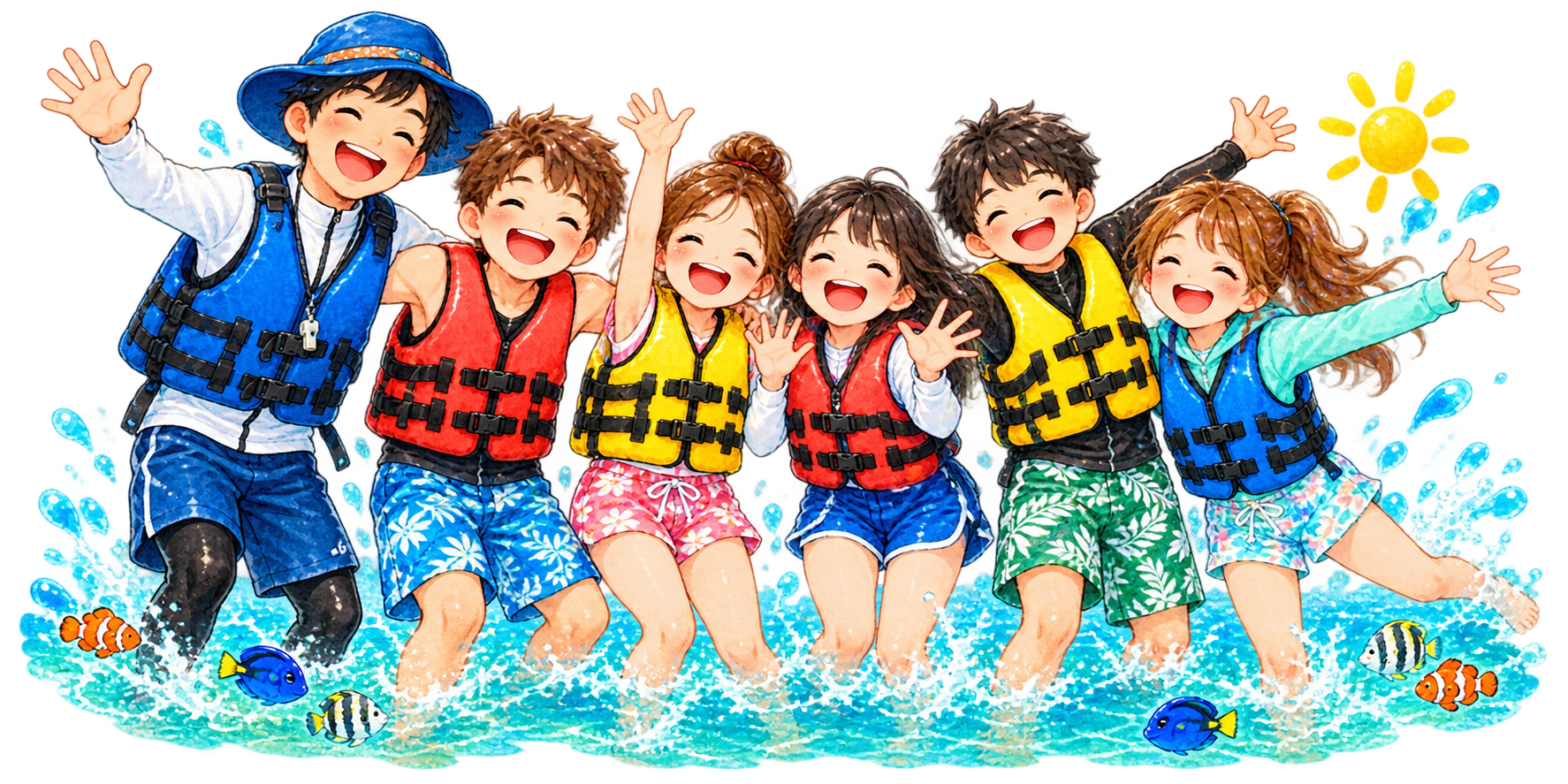 ライフジャケットを着て海遊びを楽しむ学生たちとスタッフのイラスト